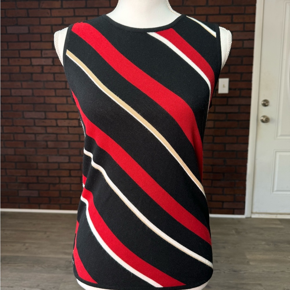 Liz Claiborne Sleeveless Knit Tank Top Diagonal Stripe Black Red Women’s‎ S